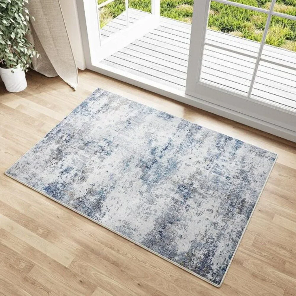 New 2x3 Grey Blue Entryway Rug, Washable Abstract Non-Slip Indoor Accent Mat